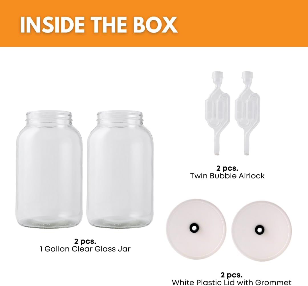 2-Pack 1 Gallon Glass Jar with Lid | Wide Mouth Twin Bubble Airlock Set | Heavy-duty Glass Jars with Airtight Lid for