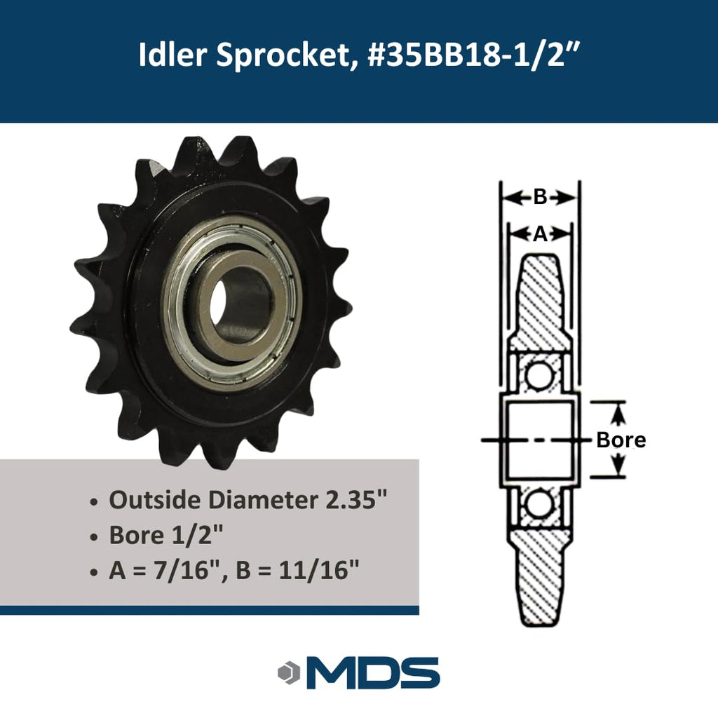 #35 Roller Chain Idler Sprocket 1/2" Bore Hardened 18 Tooth - 35BB18-1/2
