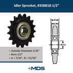 #35 Roller Chain Idler Sprocket 1/2" Bore Hardened 18 Tooth - 35BB18-1/2