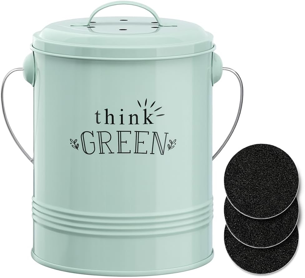 1.2 Gallon Kitchen Counter Compost Bin with Lid (Mint) | Countertop Composter with Smell-Absorbing Filters and