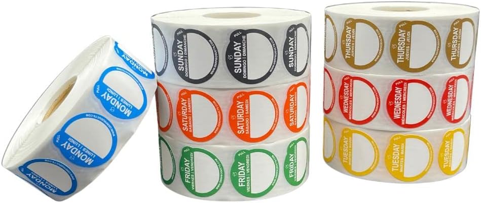 Removable Day Label - 1 inch - Peel Tab - Week (Mon-Sun) (7000 Stickers) - Food and Restaurant Day Dots - FIFO