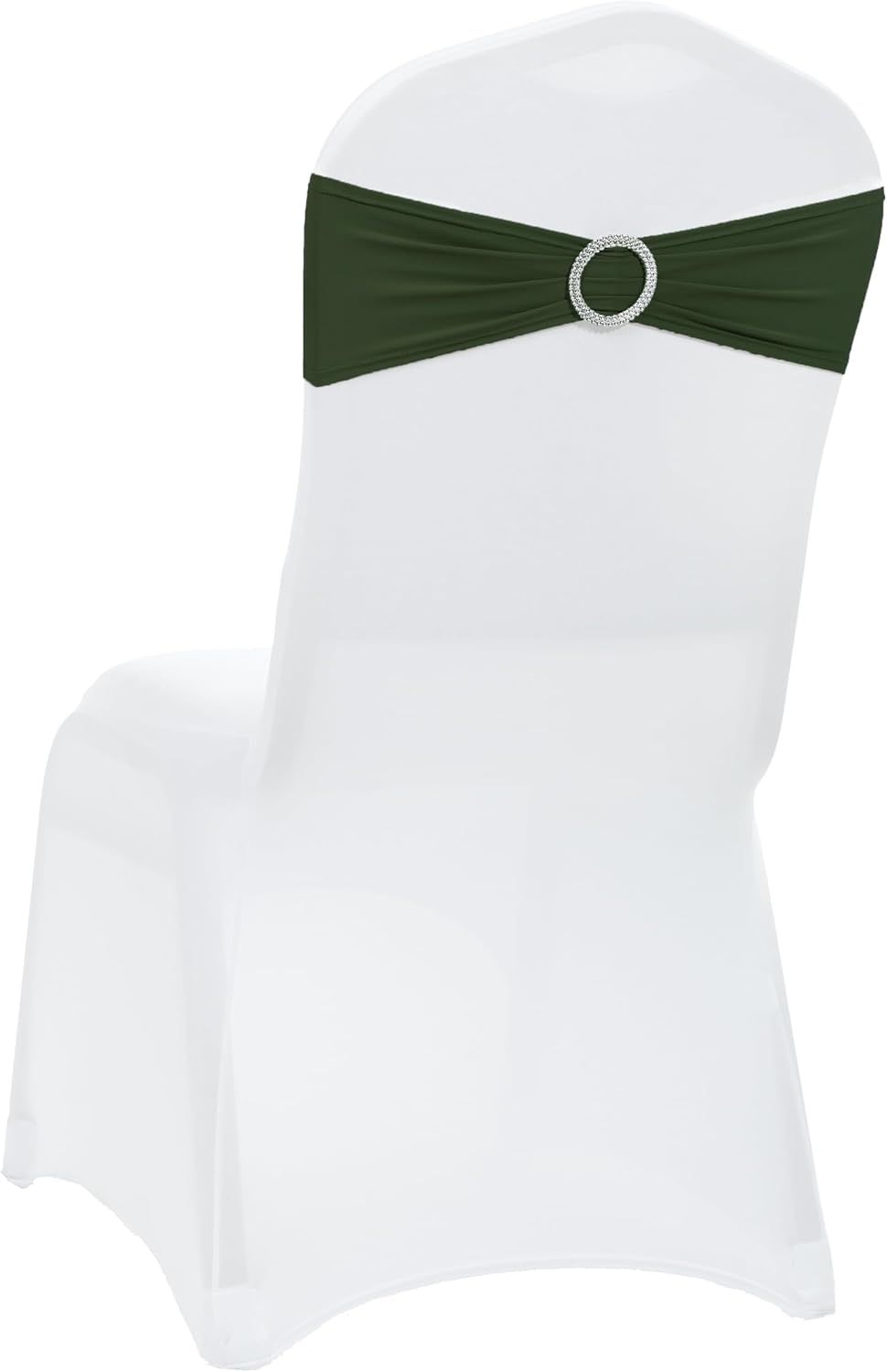 Olive | Spandex Chair Sashes Bows | 100 PCS | Stretch Elastic Banquet Universal Folding Chair Band Tie with Silver
