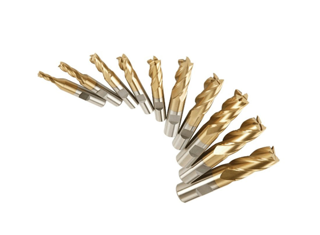 10 PC Titanium Nitride Coated End Mill Set - 4 Flute Tin End Mill for Milling Machines