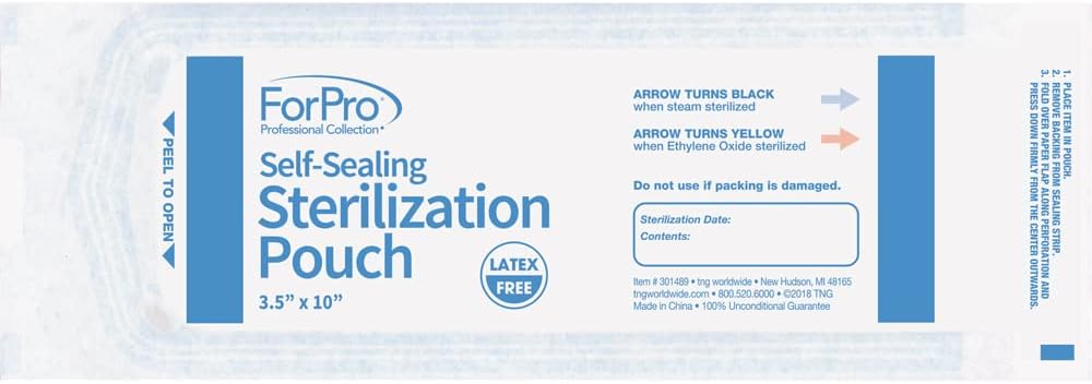 Self-Sealing Sterilization Pouches, Latex-Free, Color Changing Indicator, 3.5" W x 10" L, 200-Count | for Tool