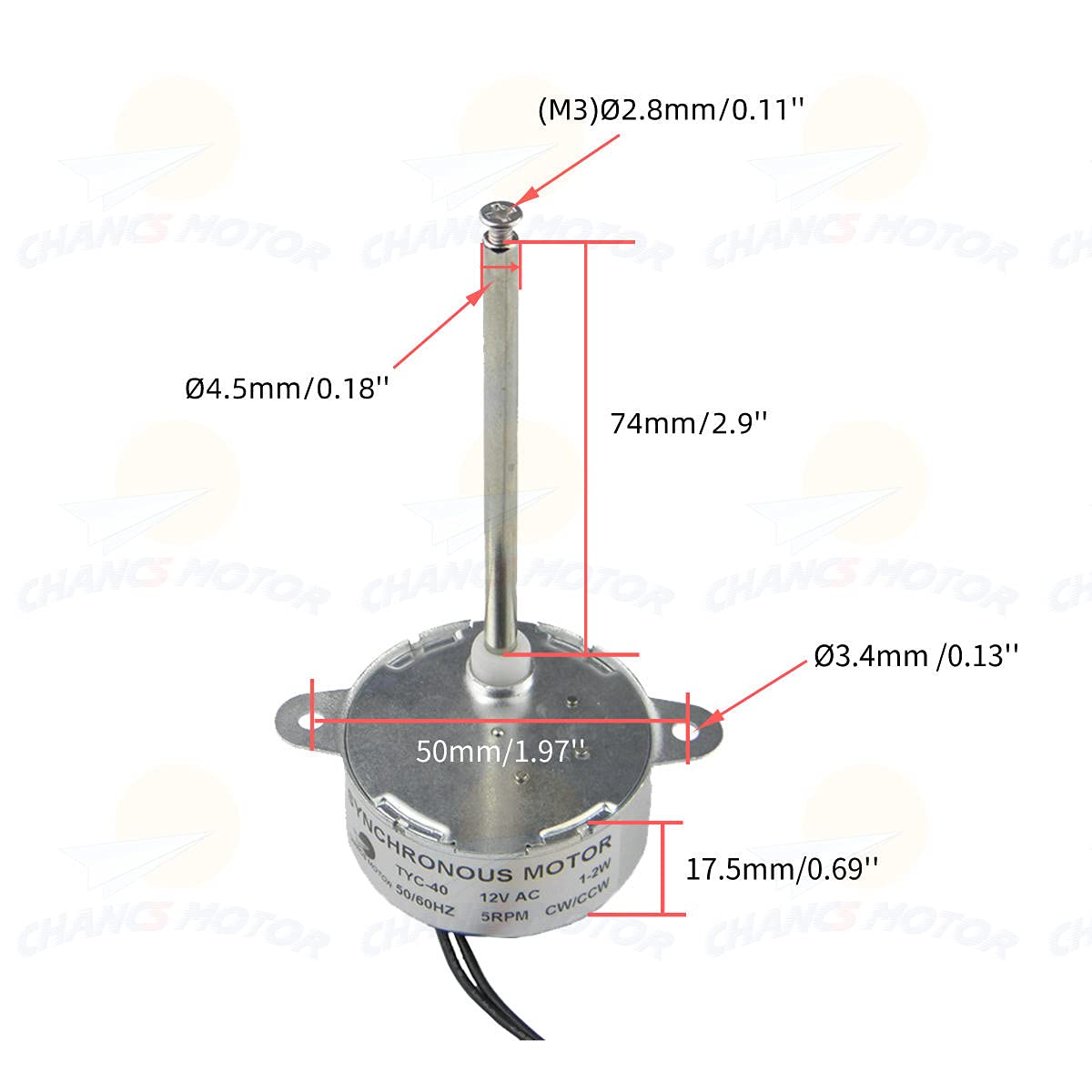 CHANCS TYC-40 12V 5RPM AC Inner-Screw Shaft 74mm Synchronous Motor with AC Wall Power Adapter - Input 110V Output AC 12V for Christmas Decoration