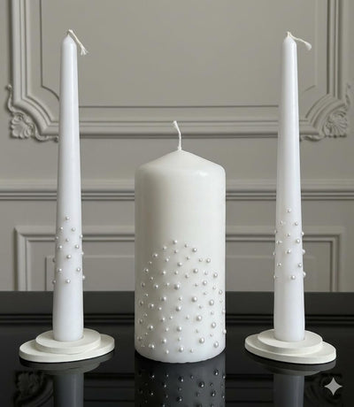 Pearl Cascade Unity Candle Set for Wedding Ceremony & Reception, White Unity Candles 6” Pillar & Two 10” Taper