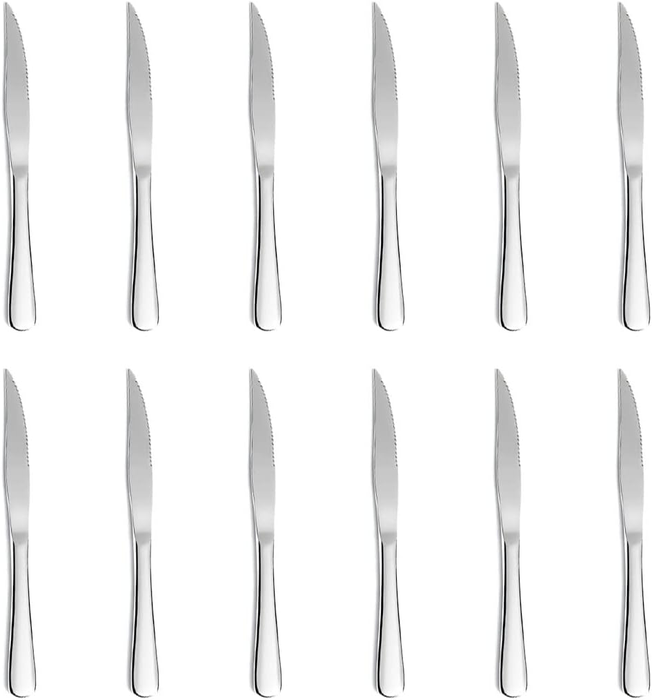 12-Piece Bright Silver Steak Knives Set, Stainless Steel