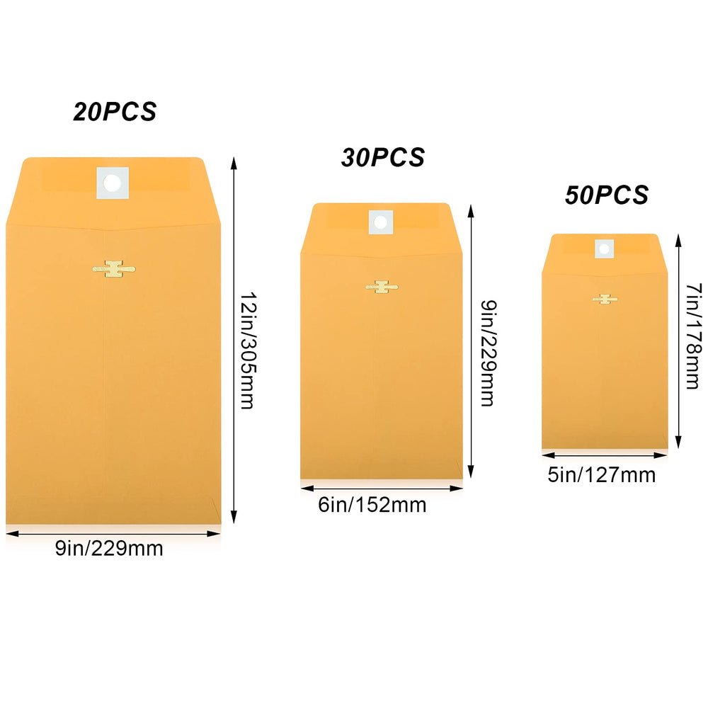 3 Sizes Manila Envelopes with Clasp, 100 Pack Kraft Clasp Envelopes