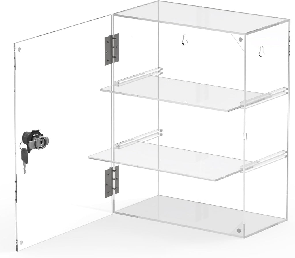 3 Tier Acrylic Display Case, Clear Countertop Cabinet with Lock | Removable Shelves, 4mm Hard Acrylic, No Assembly