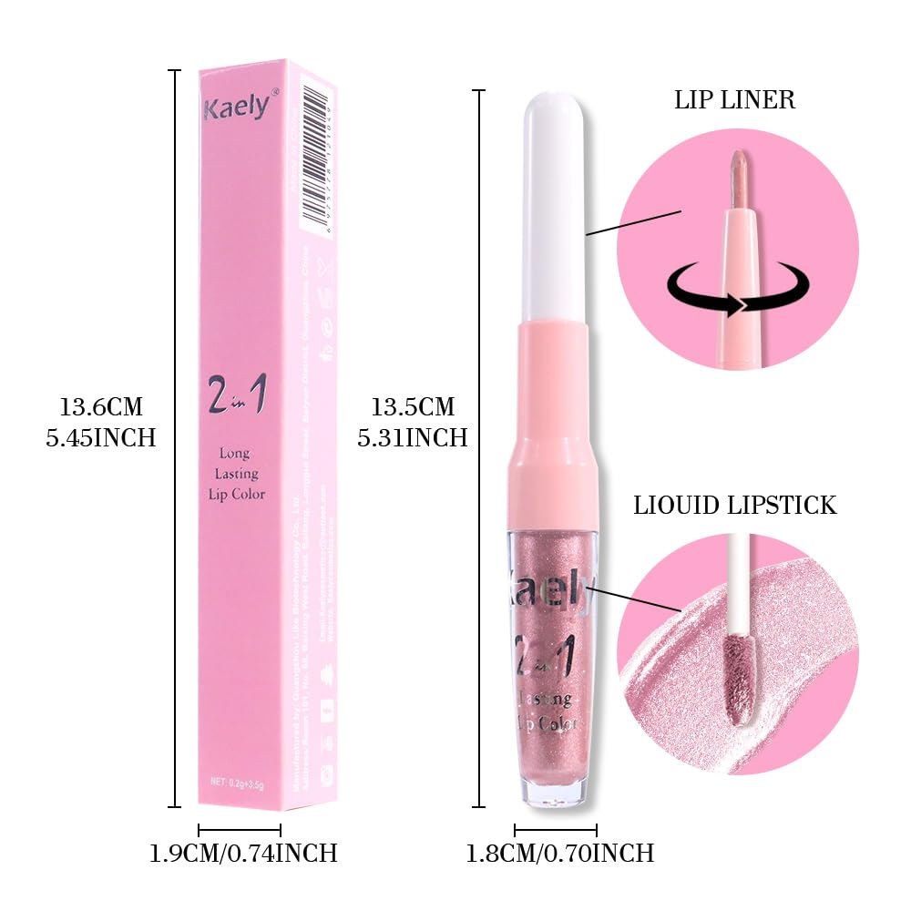 2-in-1 Light Pink Metallic Lipstick and Lip Liner, Shimmer Liquid Metallic Lipsticks for Women, Glitter Lip Gloss