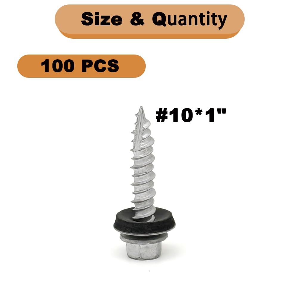 Hex Head Metal Roof Screws #10x1 Anti Rust Coating 100Pcs Includes Magnetic Bit