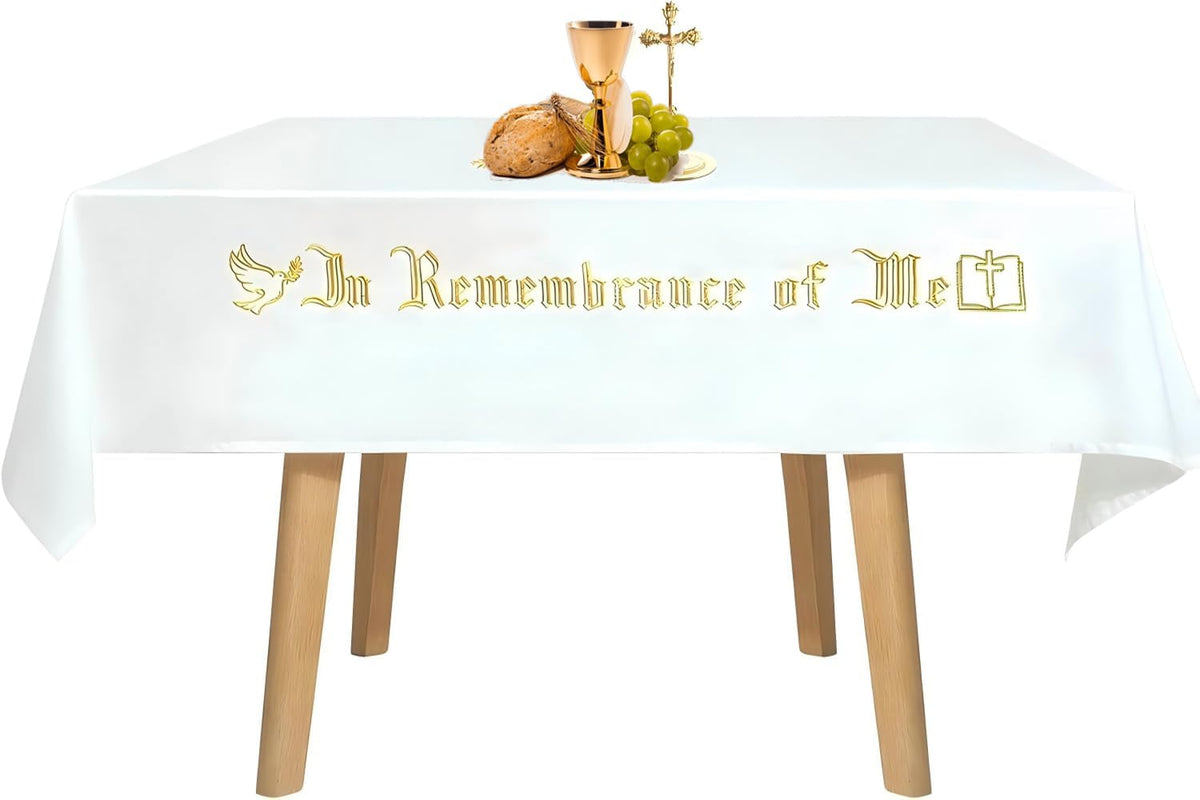 Large In Remembrance of Me Gold Thread Embroidery Altar Frontal Holy Communion Table Cloth Cover 96x52Inch White