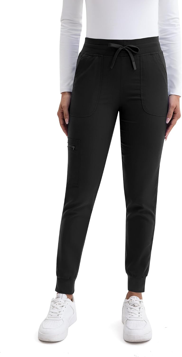 Scrub Pants for Women- Slim Fit Jogger Pants with 5 Pockets, 4-Way Stretch Soft Fabric Cargo Work Pant Black
