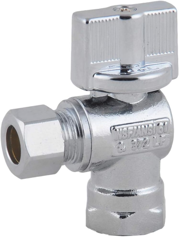 Valve- 1/4 Turn Angle Stop Valve 3/8-in FIP Iron Pipe x 3/8-in OD Compression,Quarter Turn LF Chrome Plated Brass