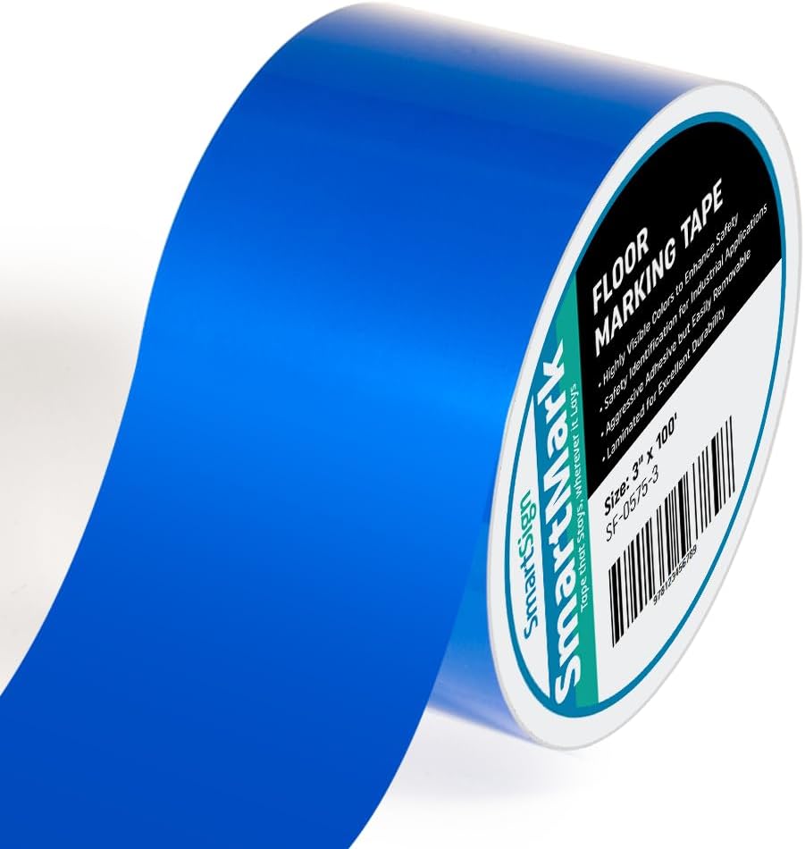 Blue Floor Marking Tape, 3" Wide x 100' Long Roll, Durable Polyester, Laminated Protection - Non-Abrasive, Adhesive