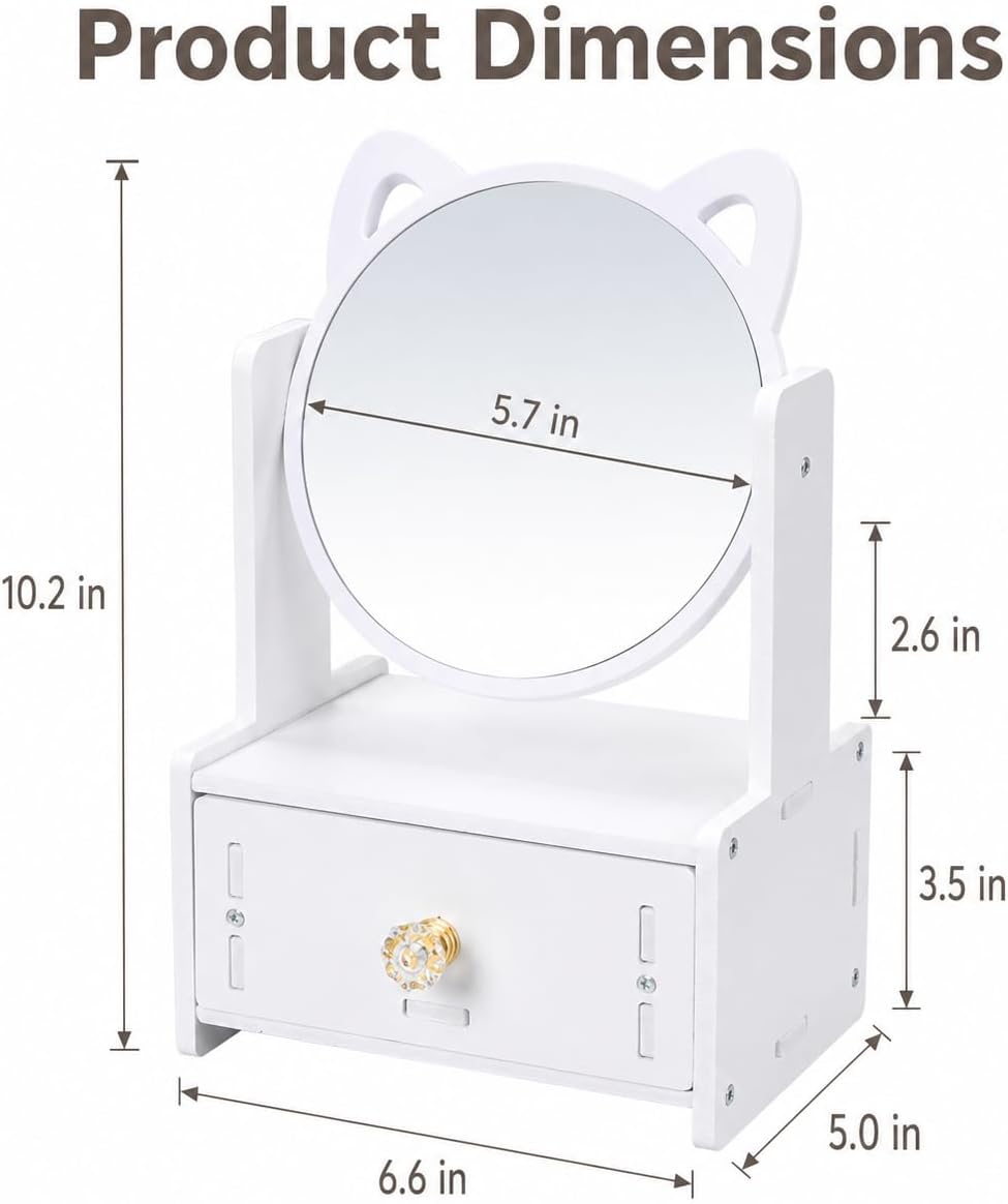 Desktop Makeup Mirror Organizer with Drawers, Compact Vanity Storage Box, Round Mirror, Cosmetic, Skincare and Jewelry