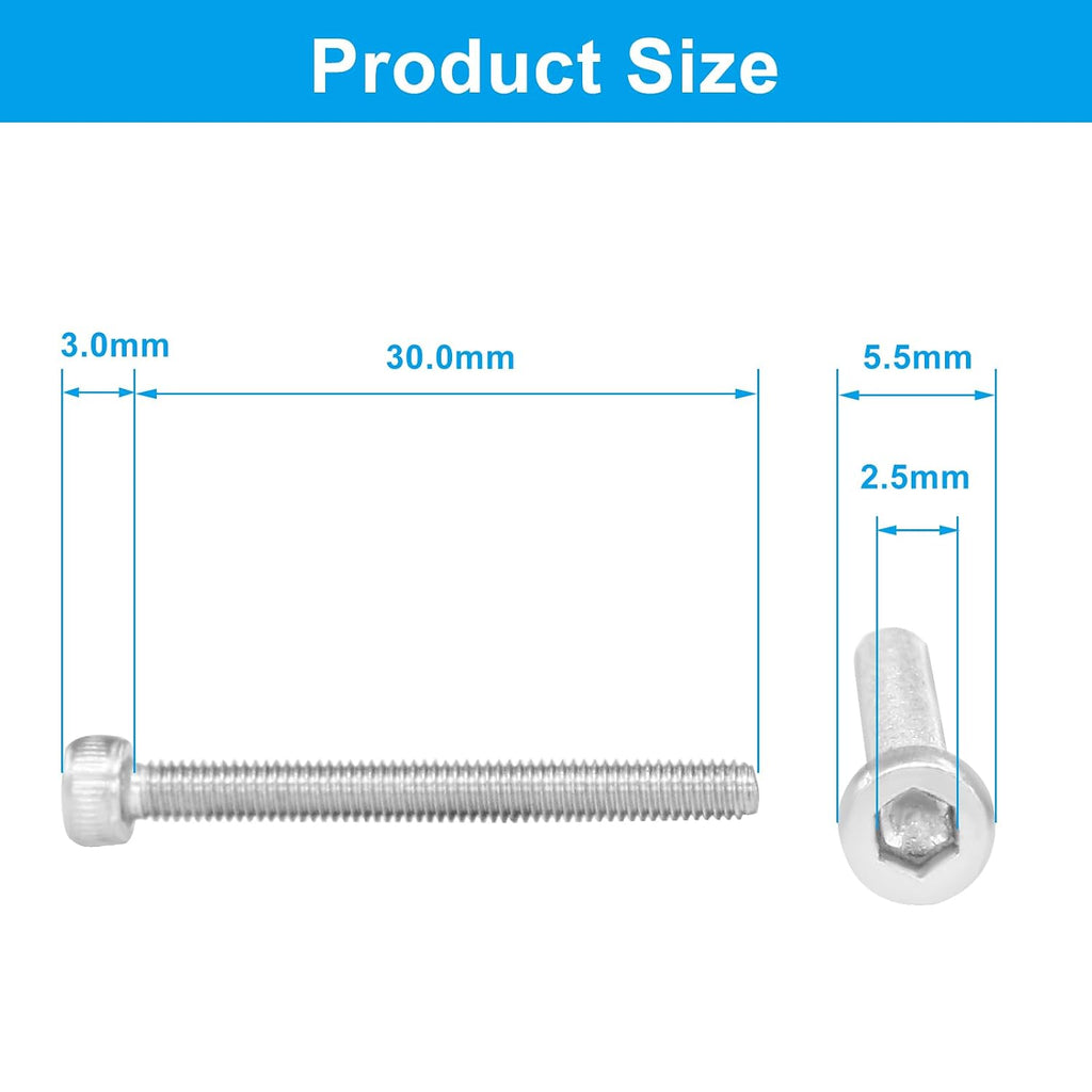 M3 x 30mm Hex Socket Head Cap Screws Bolts, Silver