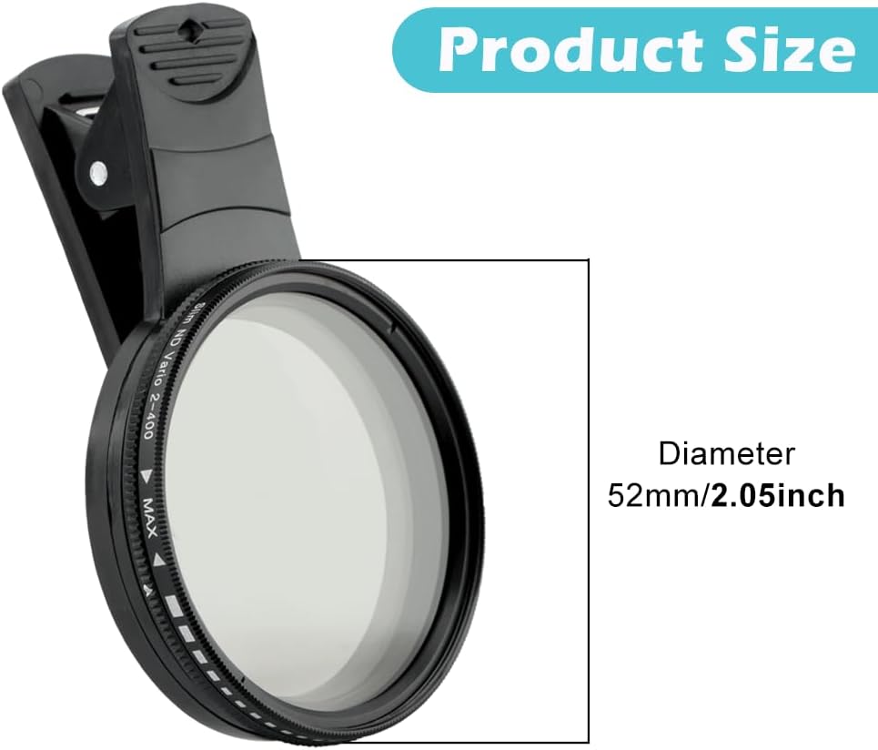 52MM Variable ND2-ND400 Filter, Clip-on Phone Lens ND Filter Kit Multi-Coated Adjustable Neutral Density Filter
