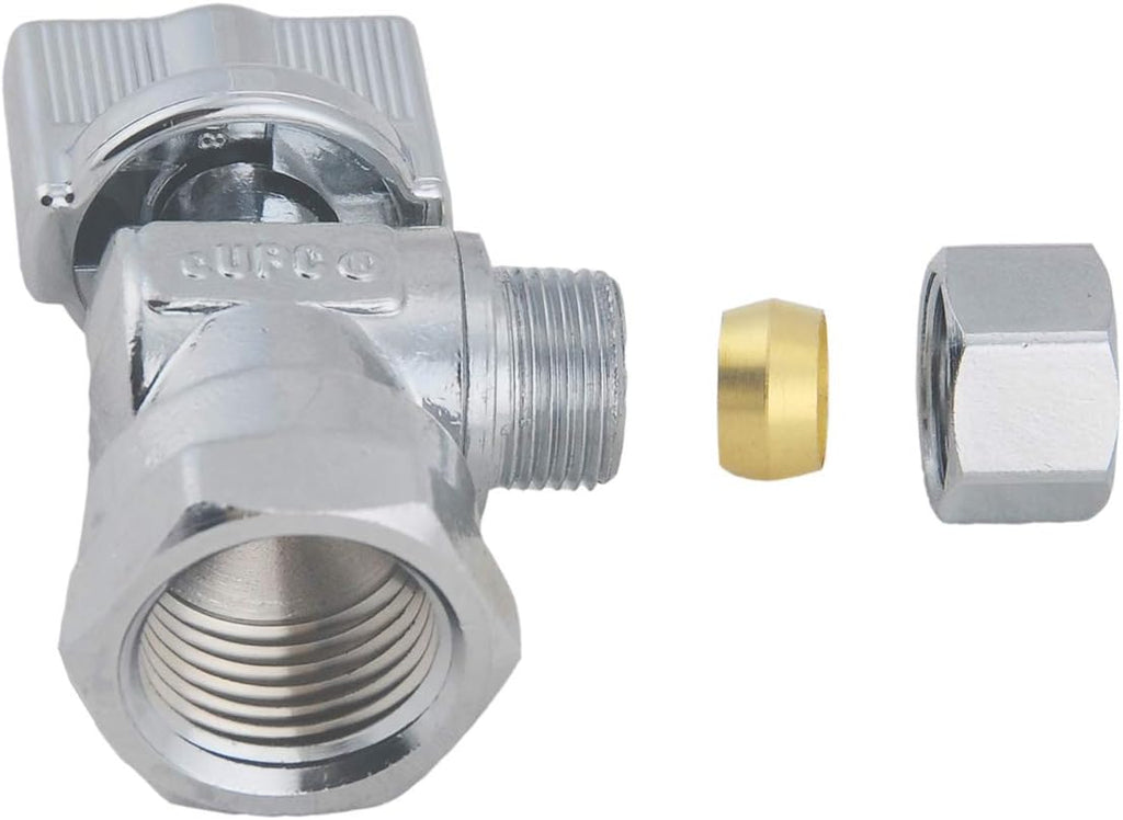 LD Valve -1/4 Turn Angle Stop Valve 1/2-in FIP Iron Pipe x 3/8-in OD Compression, Quarter Turn LF Brass Chrome Plated