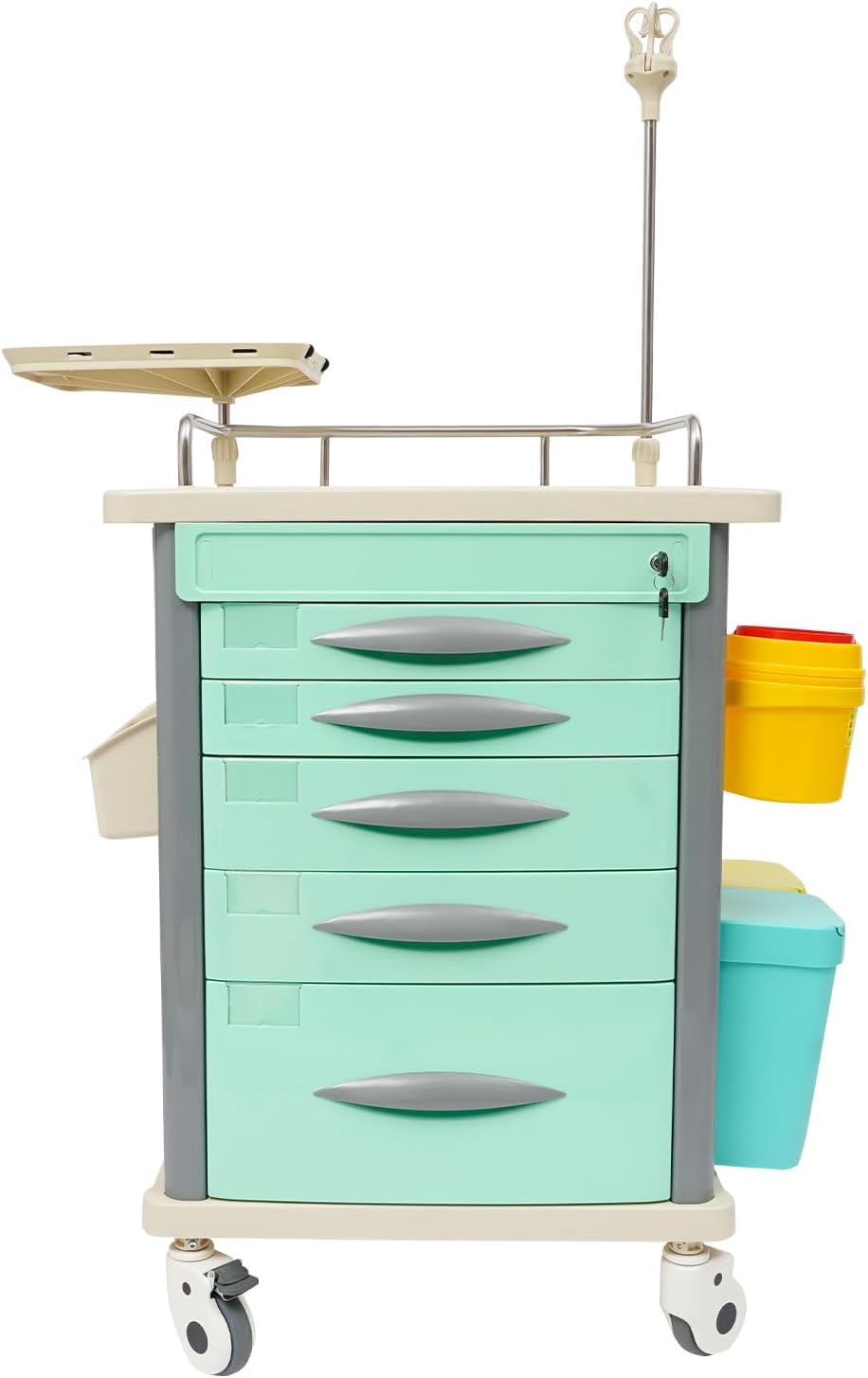 Medical Rolling Crash Cart with Drawers, Rolling Medical Cart, Adjustable IV Pole, CPR Board, O2 Holder, Trash Bin