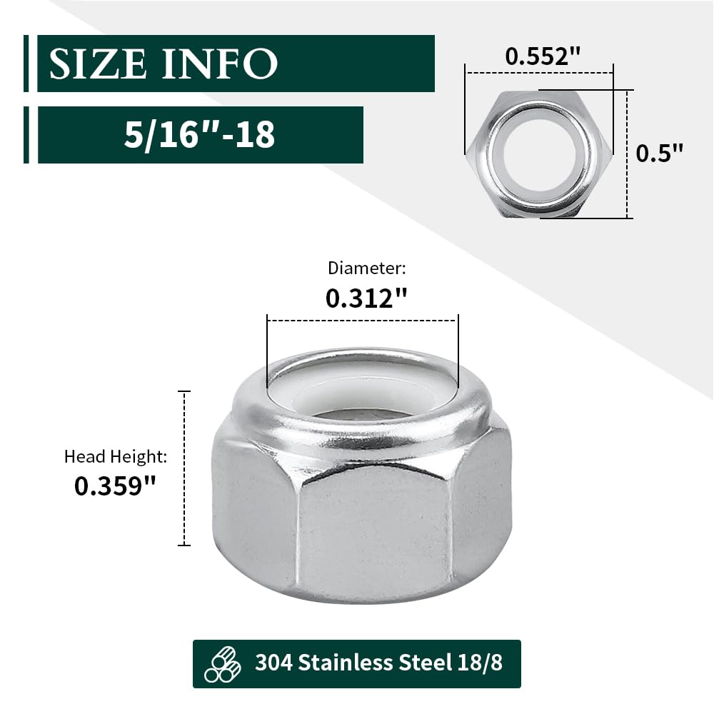 5/16"-18 Nylon Lock Nuts, 304 Stainless Steel (18-8) Hex Insert Locknuts, UNC Coarse Thread, Anti Vibration Nuts for Heavy Duty Projects, 50 Pack