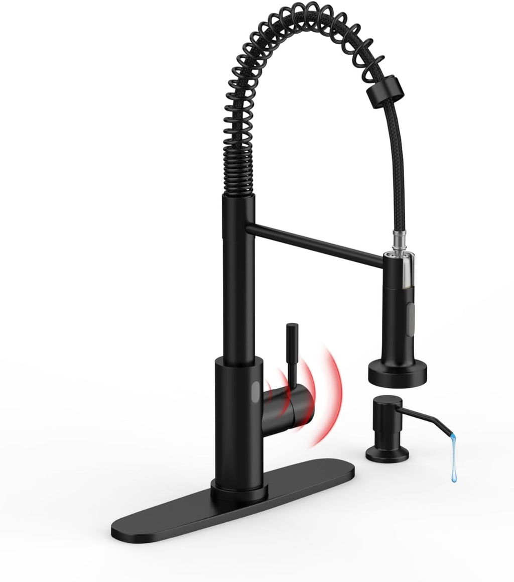 Touchless Kitchen Faucet, Black, with Soap Dispenser and Deck Plate, Motion Sensor Smart Activated Single Handle