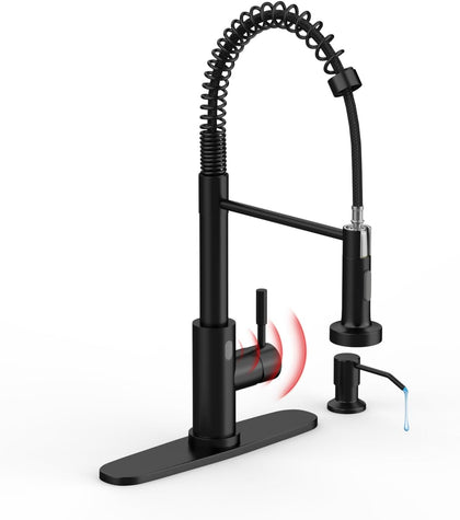 Touchless Kitchen Faucet, Black, with Soap Dispenser and Deck Plate, Motion Sensor Smart Activated Single Handle
