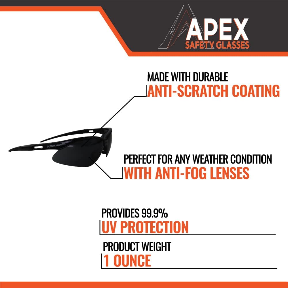APEX Safety Glasses – Anti Scratch and Anti Fog Protection, Construction Safety Glasses for Men and Women, ISEA &