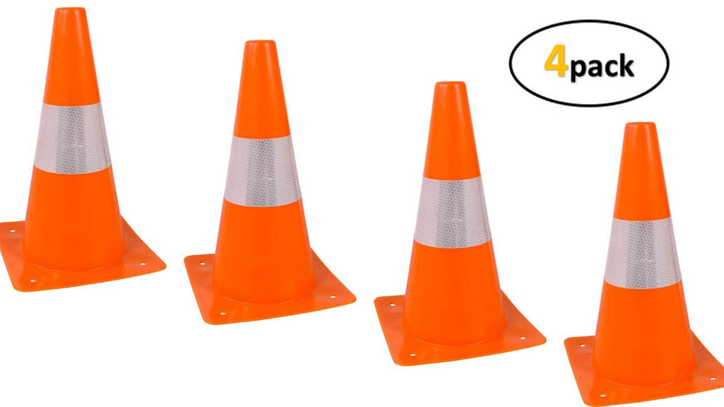 Orange Safety Cones - Hazard Cones (4Pc) 12" Hardware Plastic Safety Cone with Reflective Strip Collar - Great for