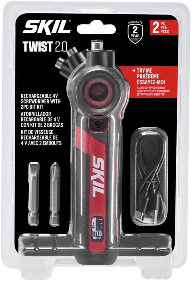 Twist 2.0 Rechargeable 4V Screwdriver with Pivoting Head, Torque Setting, USB-C Charging Cable & 2PC Bit Set-SD5619-01
