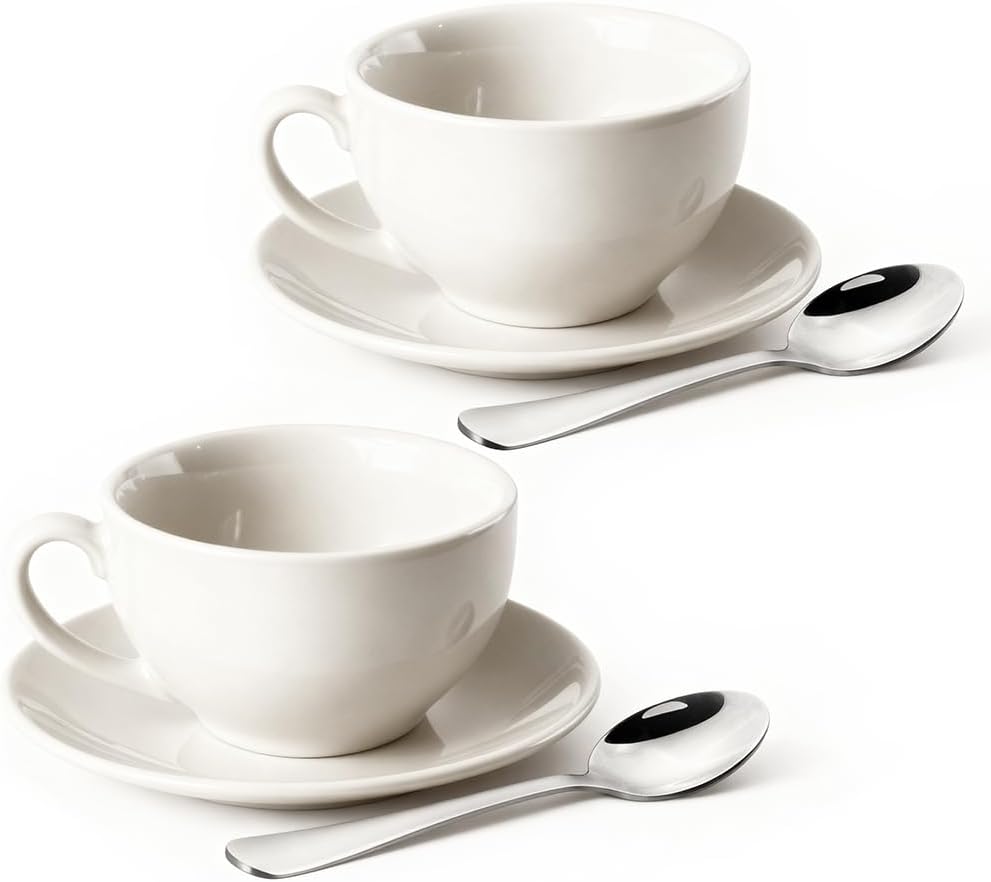 Porcelain Coffee Cup with Saucer 220ml/7.3oz for Cappuccino, Latte, and Tea, White, Set of 2