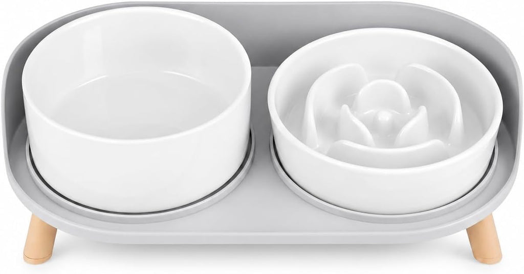 Elevated Slow Feeder Dog Bowls - Ceramic Food and Water Bowl Set with Stand - Raised Pet Dishes for Small and Medium