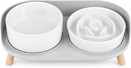 Elevated Slow Feeder Dog Bowls - Ceramic Food and Water Bowl Set with Stand - Raised Pet Dishes for Small and Medium