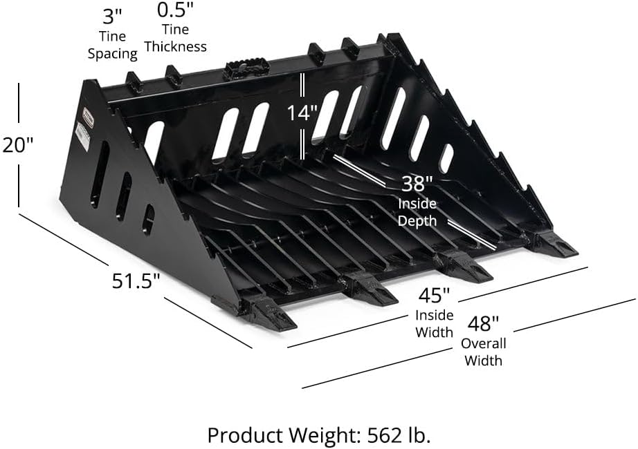 Fine-Grade Skeleton Rock Bucket with Bolt-On Teeth, Skid Steer Quick Tach Mounting System, 3" Spaced Tines