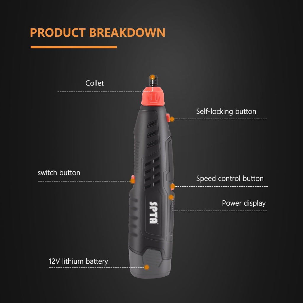 Cordless Rotary Tool, SPTA Powerful Mini Detail Polisher Kit, 36Pcs 12V Li-ion Battery 5,000-25,000 RPM Micro Auto