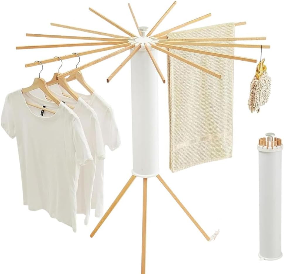 2026 Tripod Clothes Drying Rack, Clothing Stand, Foldable Rotary Laundry Drying Racks with 16 Wooden Arm, Indoor &