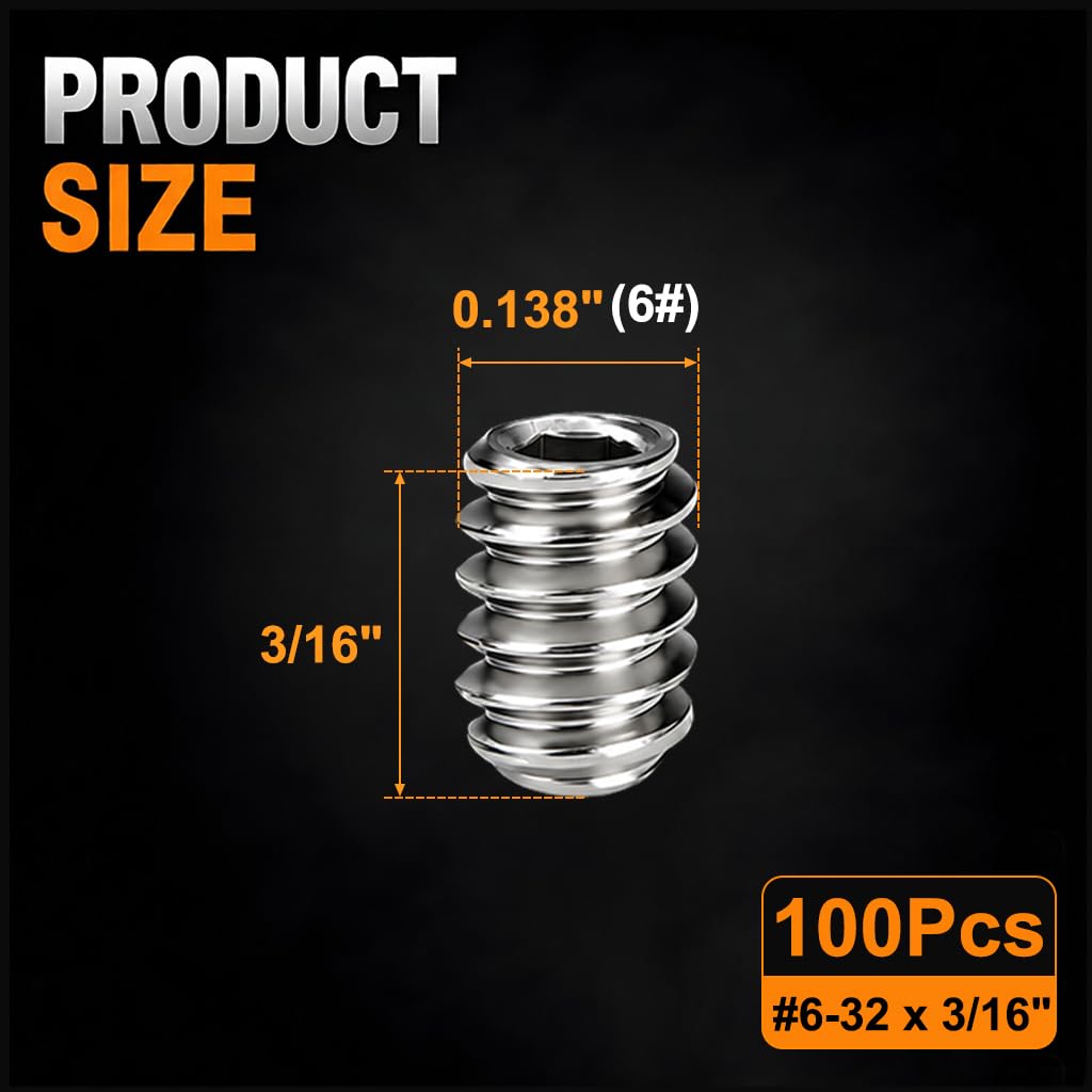 100Pcs #6-32 x 3/16" Set Screws, Hex Socket Grub Screws with Cup Point