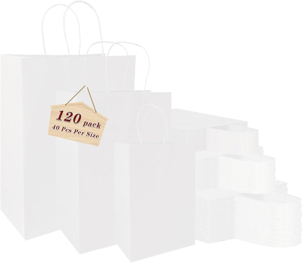 120 pack White Gifts Bags with Handles Assorted Sizes Mixed Sizes Bulk Kraft Paper Gift Bags Take Out Bags for