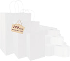 120 pack White Gifts Bags with Handles Assorted Sizes Mixed Sizes Bulk Kraft Paper Gift Bags Take Out Bags for