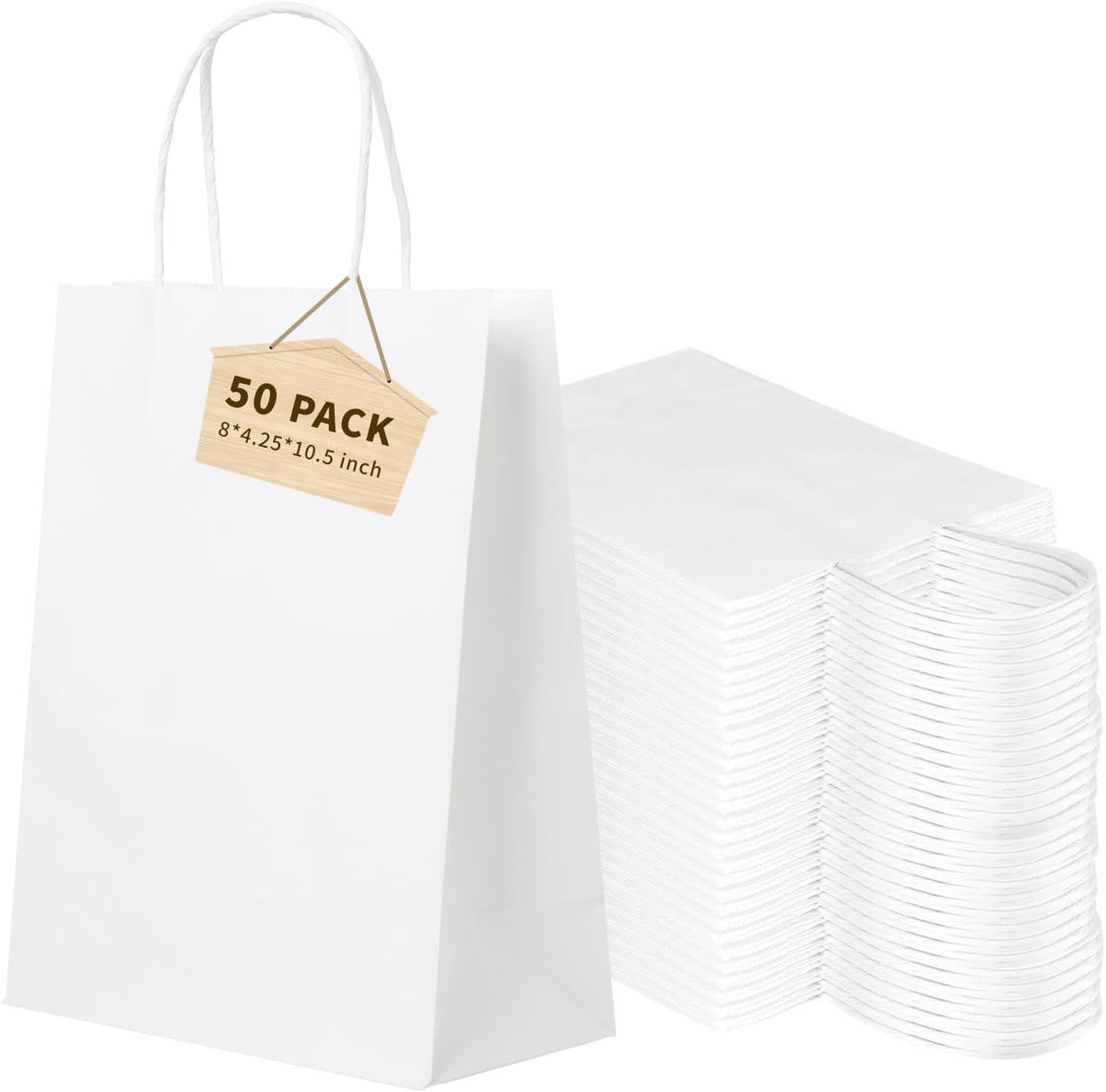 50 PCS White Paper Bags with Handles Bulk, 8x4.25x10.5 Inches,Medium-sized White Gift Bags with Handles for Party
