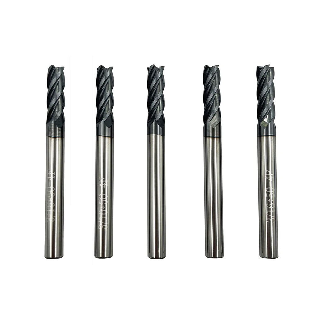 5PCS Carbide Square End Mill Bits Set, Milling Bits Cutter 3/16 Carbide End Mills for Alloy Steels/Hardened Steels, HRC 45 Deg Single End 4 Flute AlTiN Coating, 3/16 in