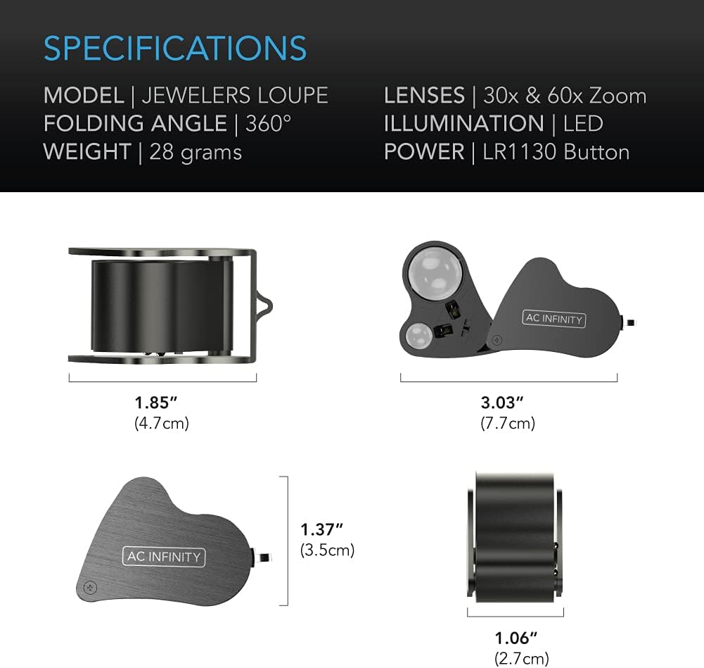 Jewelers Loupe, Pocket Magnifying Glass. | LED Light & Dual Lenses, 30x and 60x Zoom for Jewelry, Watches, Coins