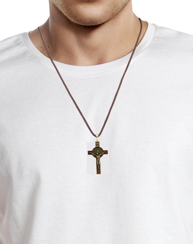 Saint Benedict Medal Wood Crucifix Cord Necklace for Men & Women – Handcrafted Religious Pendant, Healing, Travel