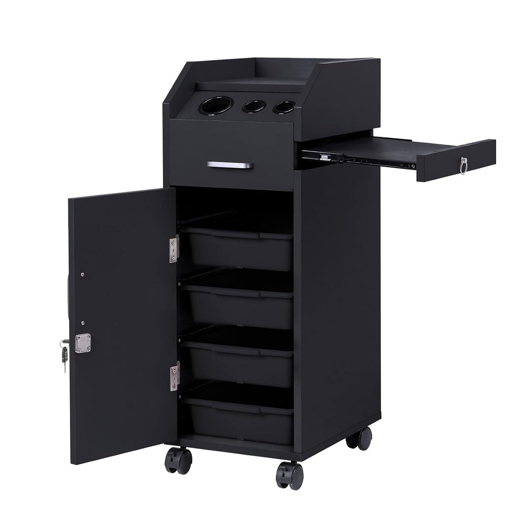Salon Trolley Cart with 4 Trays, 3 Hair Dryer Holders, Black | Lockable Beauty Storage Cabinet with 4 Drawers