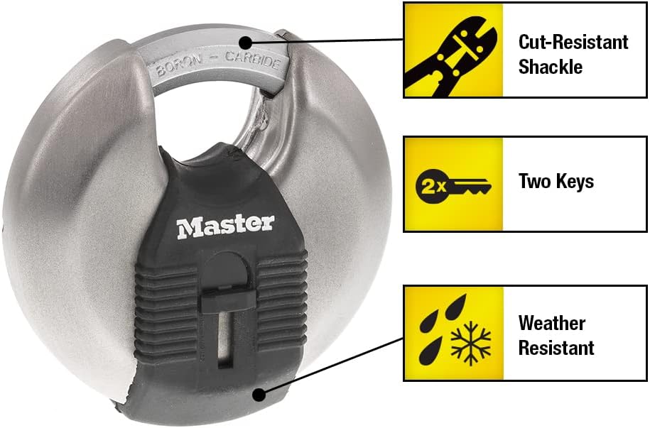 3-1/8" Wide Disc Padlock, Heavy-Duty Stainless Steel, M50XKA | Discus Lock For Storage Units, Sheds and