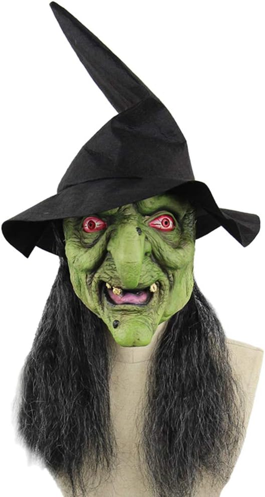 Halloween Scary Green Old Woman Hag Witch Mask with Hair Hat | Horrific Old Witch Evil Mask Horror Face Zombie Dress