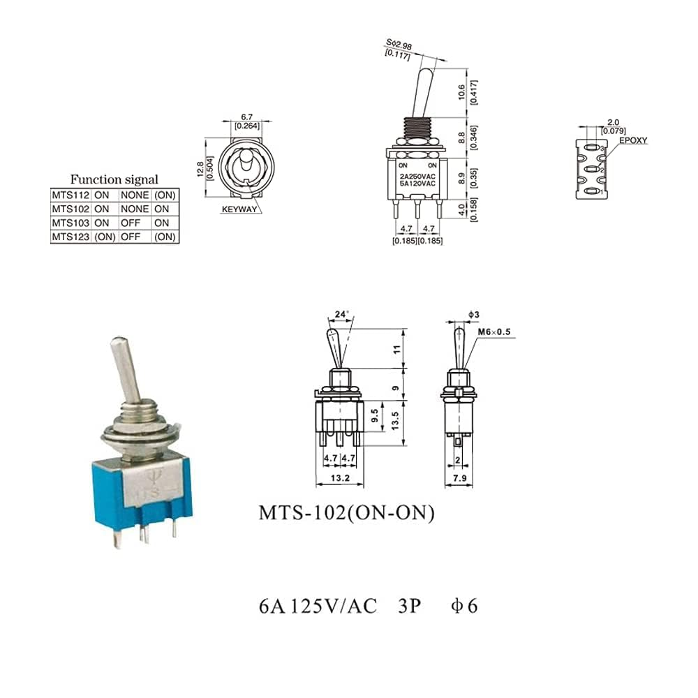 20PCS Mini Single Toggle Switch MTS-102 SPDT AC 125V 6A / 250V 3A ON-ON 3 Pins 2 Position MTS102 for Electronic Products
