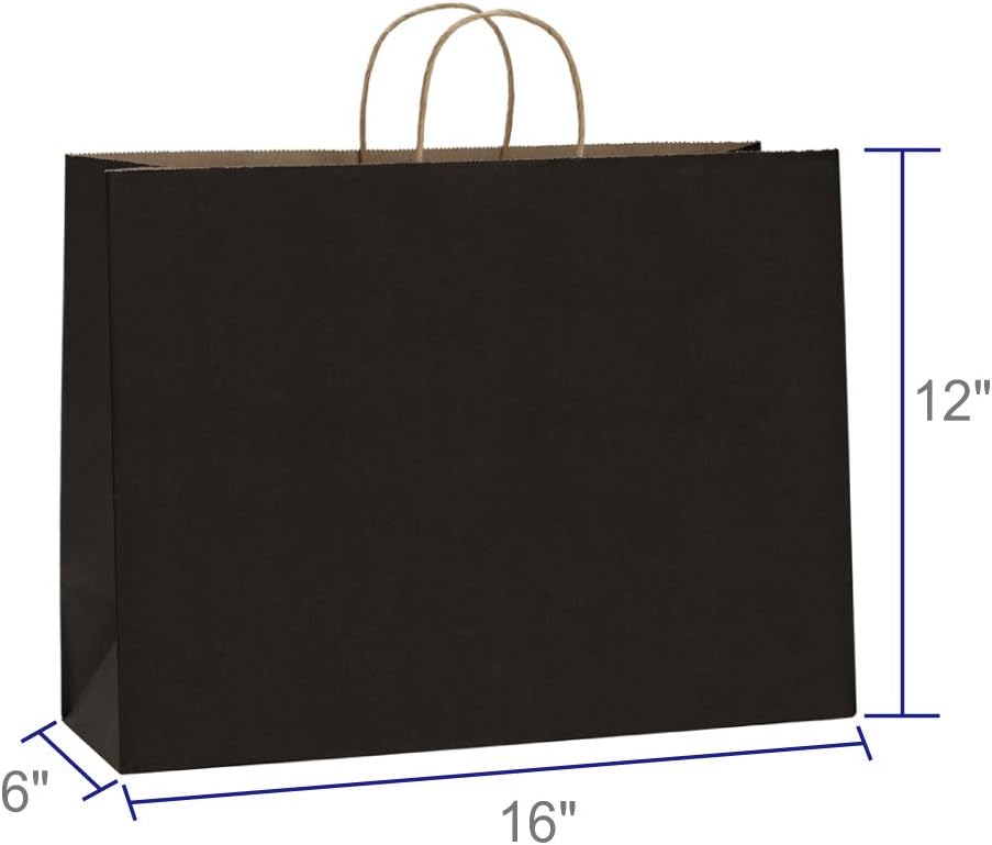 Kraft Paper Bags with Handles 16x6x12 Inch Black 50 Pack Bulk