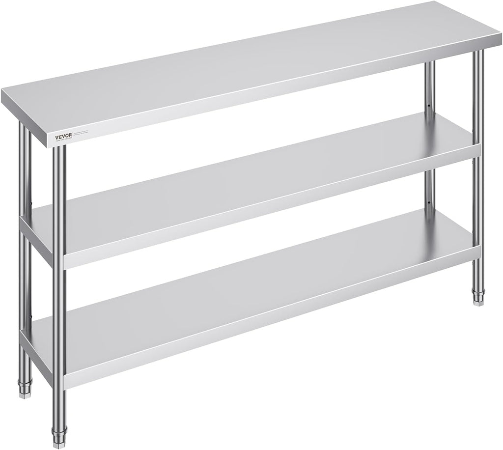 Stainless Steel Food Prep Table, 14 x 60 x 34 Inch Commercial Kitchen Worktable, with 2 Adjustable Undershelf, Heavy