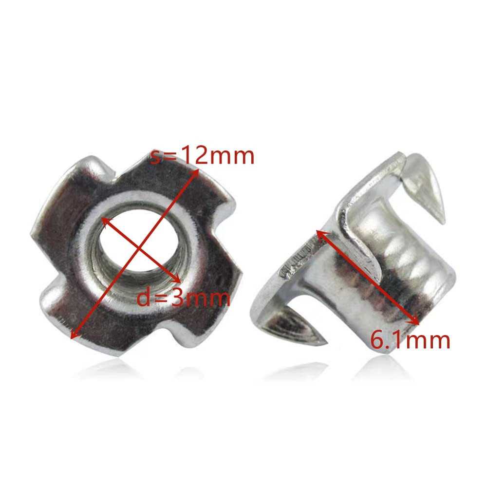 M3 Carbon Zinc Plated Steel 4 Pronged Tee Nut T Nut, Speaker Nut T-nut Blind Pronged Tee Nut for Table Legs Rock Climbing Wall Woodwork, 80Pcs